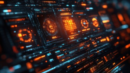 Futuristic Digital Interface:  A mesmerizing display of vibrant orange and blue data streams across a complex technological network.