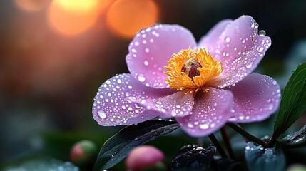 Delicate pink peony flower with dew drops in garden sunset bokeh