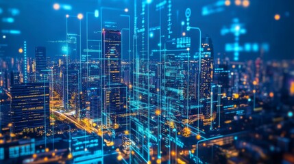 Digital cityscape with futuristic buildings and electronic displays 