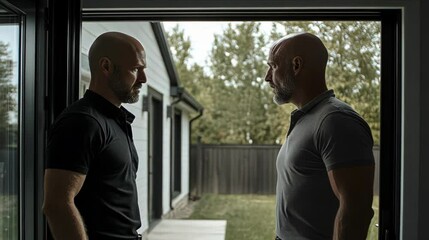 Two men standing face to face indoors.