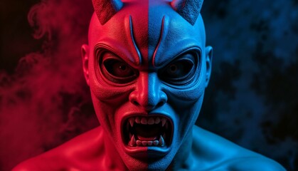 Angry character shouting in red and blue lighting