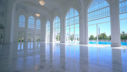 Sunlit Grand Mosque Interior with Pool and City View; Peaceful serenity in a majestic hall, perfect for travel brochures or religious publications