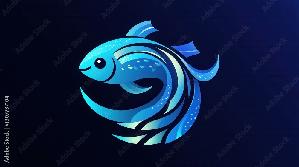 Aufkleber Minimalist fish logo featuring wave patterns in cool blue tones with an aquatic theme for branding or design purposes Generative AI