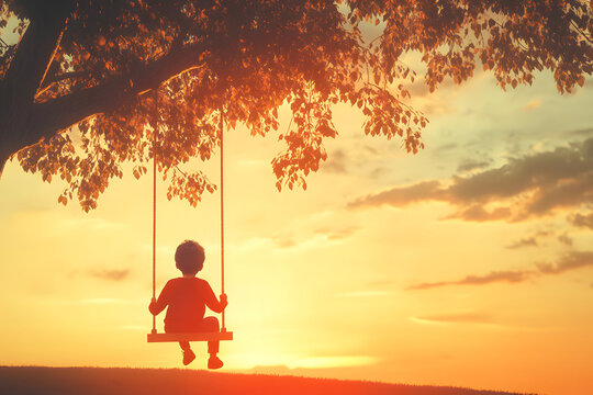 A young autistic boy sitting on a swing alone, looking at the sky, calm and peaceful atmosphere,World autism awareness day support concept

