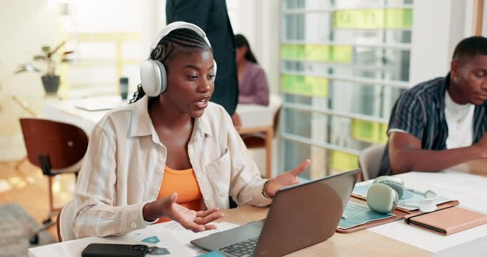 Office, businesswoman and headphones with laptop for video call, talking and negotiation for startup. Coworking, employee and consultant intern with digital for virtual meeting, discussion or contact