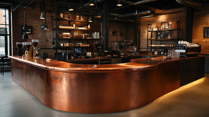 A Podium with a Polished Copper Surface in a Warm, Cozy Coffeehouse with Industrial Lighting and Exposed Pipes, Rustic Ambiance for Handmade Goods, Coffee Products, or Artisanal Items copy space