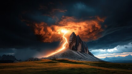 Epic mountain lightning storm over meadow