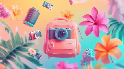 Pink backpack with camera and tropical flowers, vibrant background.