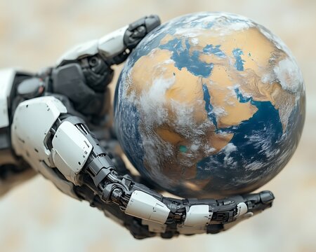 Robot Holds Globe World Earth Protection - Powered by Adobe
