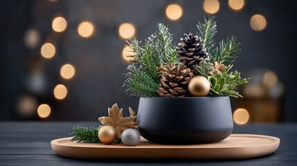 Festive Christmas centerpiece in black bowl on wooden tray with bokeh lights
