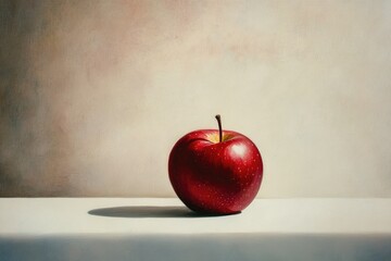A single, ripe red apple sits on a pristine white surface against a muted background.