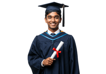 A young male university graduate holding his degree isolated on transparent png background