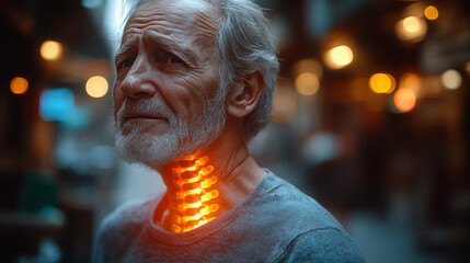 Fototapeta premium Digital composite of highlighted spine of senior man with back pain at home. Photo with copy space. Hyper realistic photo.