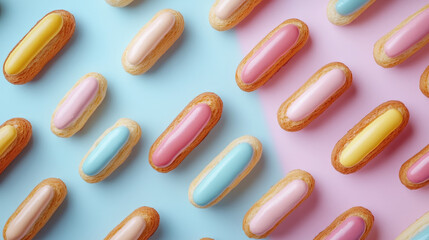 A beautiful assortment of traditional French eclairs, captured from a top view against a soft pastel background.