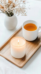 Cozy candlelit setting with warm tea and decorative vase on wooden tray