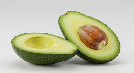 Ripe Avocado Halves - Two halves of a ripe avocado, showing the creamy flesh and large pit. Perfect for healthy recipes and vibrant visuals