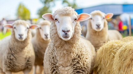 Obraz premium Sheep at Show, Content Mood, Performing, Against Hay Bales Backdrop