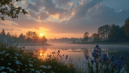 Naklejka premium Serene Sunrise Over Misty Lake with Wildflowers