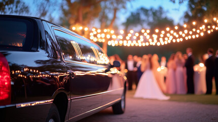 Sleek black limousine parked under soft string lights at dusk, wedding night theme
