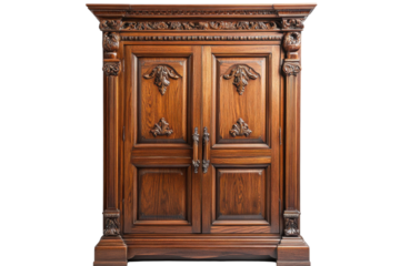 Elegant wooden cabinet with ornate detailing suitable for various interior designs