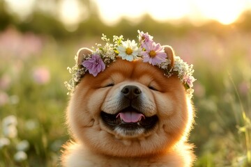Holiday season happiness. Cute baby dog chow wearing savage flower circlet on its head. Golden hour in sunset. Puppyâ€™s outdoor fun with flowers. Summer memories with a dog.