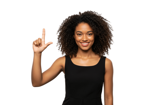 black african woman isolated on transparent png background with pointing up gesture