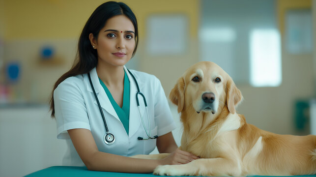 Indian female veterinarian gently examining a golden retriever at veterinary hospital. In Scrubs Uniform And Stethoscope, Posing With Dog. Veterinary Clinic Advertisement Concept. 