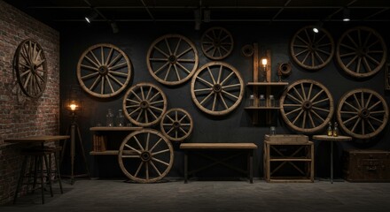 Rustic Wheel Decor Interior Design - Dark, rustic interior design featuring antique wooden wheels as wall decor, wooden furniture, and warm lighting
