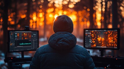 Person coding outdoors with a forest backdrop bathed in golden sunset light, blending nature with technology in a serene setting.