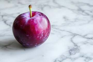 A single ripe plum rests on a marble surface, showcasing its vibrant purple hue and subtle bloom.