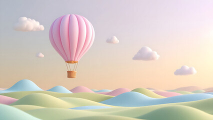Fototapeta premium Pink Hot Air Balloon Over Pastel Hills