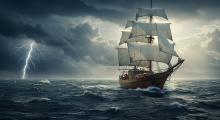 Sailing Ship in a Storm - A majestic wooden sailing ship navigates a turbulent sea under a dramatic stormy sky, lightning flashing in the distance