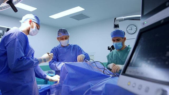 Male doctors untangle the wires of the medical device. Arranging tools for the neurosurgery.