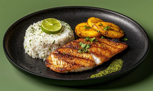 Grilled Corvina served with rice, plantains, and lime sauce on a black plate against an olive green background