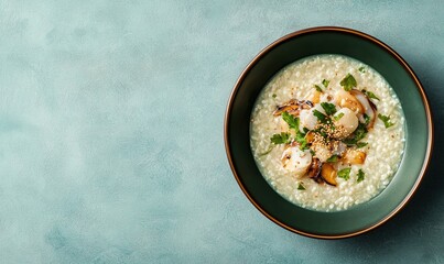 Discover the delicate flavors of abalone porridge served in a soothing olive green plate against a soft sky blue backdrop