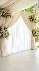 Soft, flowing fabric cascades from the ceiling, framing a beautiful floral arrangement, set in an outdoor venue for a romantic wedding ceremony, bathed in natural light