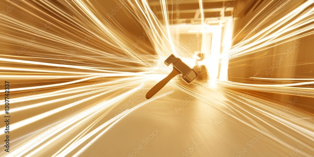 Wall mural a dynamic scene featuring a hammer in motion, surrounded by beams of bright light. the image conveys