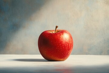 A single, ripe red apple sits on a light-colored surface against a textured backdrop.