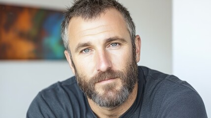 Obraz premium A man with short, graying hair and a full beard gazes directly at the viewer. He appears relaxed, showcasing a calm demeanor. Soft, natural light highlights his facial features