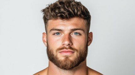 Obraz premium A young man stands confidently with a neutral expression, focusing on his well-defined features, including a beard and striking blue eyes, against a simple background