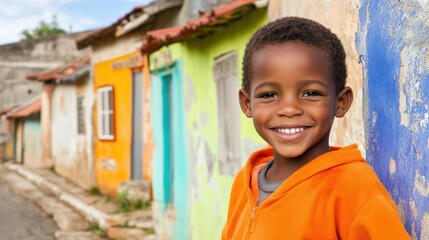 A young boy in an orange hoodie beams with joy, surrounded by bright and colorful houses. The setting features a lively neighborhood with rustic walls and warmth