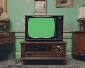 Vintage TV with green screen in antique room.