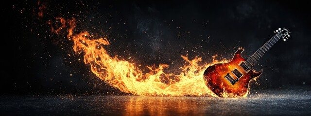 guitar rock music electric fire metal hardrock black background roll. instrument guitar rock music heavy flame red white hard poster blues band isolated party jazz vector smoke festival concert string