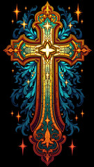 Fototapeta premium Colorful, ornate Christian cross art with decorative frame.
