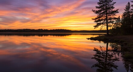 Fototapeta premium Serene Sunset Lake Reflection - A tranquil lake reflects a vibrant sunset sky, with a lone pine tree silhouetted on the shore. Peaceful nature scene