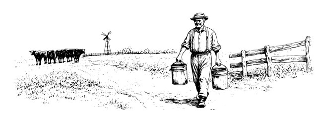 Obraz premium Engraved illustration of a farmer carrying milk cans in a pastoral landscape with cattle and a windmill under a clear sky