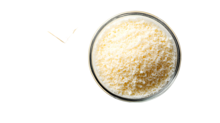 Parmesan cheese grated isolated on white or transparent background, top view