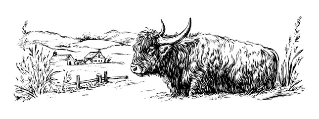 Obraz premium Highland cow grazing peacefully near a quaint village surrounded by rolling hills and lush greenery in a serene countryside setting