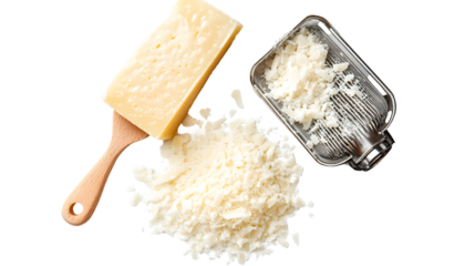 Parmesan cheese grated placed on white or transparent background, top view