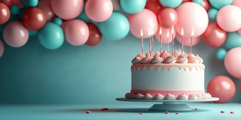 Birthday cake celebration with pastel balloons in a festive setting at a party venue